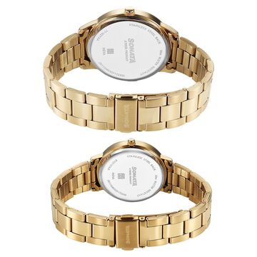 Sonata Perfect Pairs Quartz Analog Silver Dial Golden Metal Strap Watch For Couple