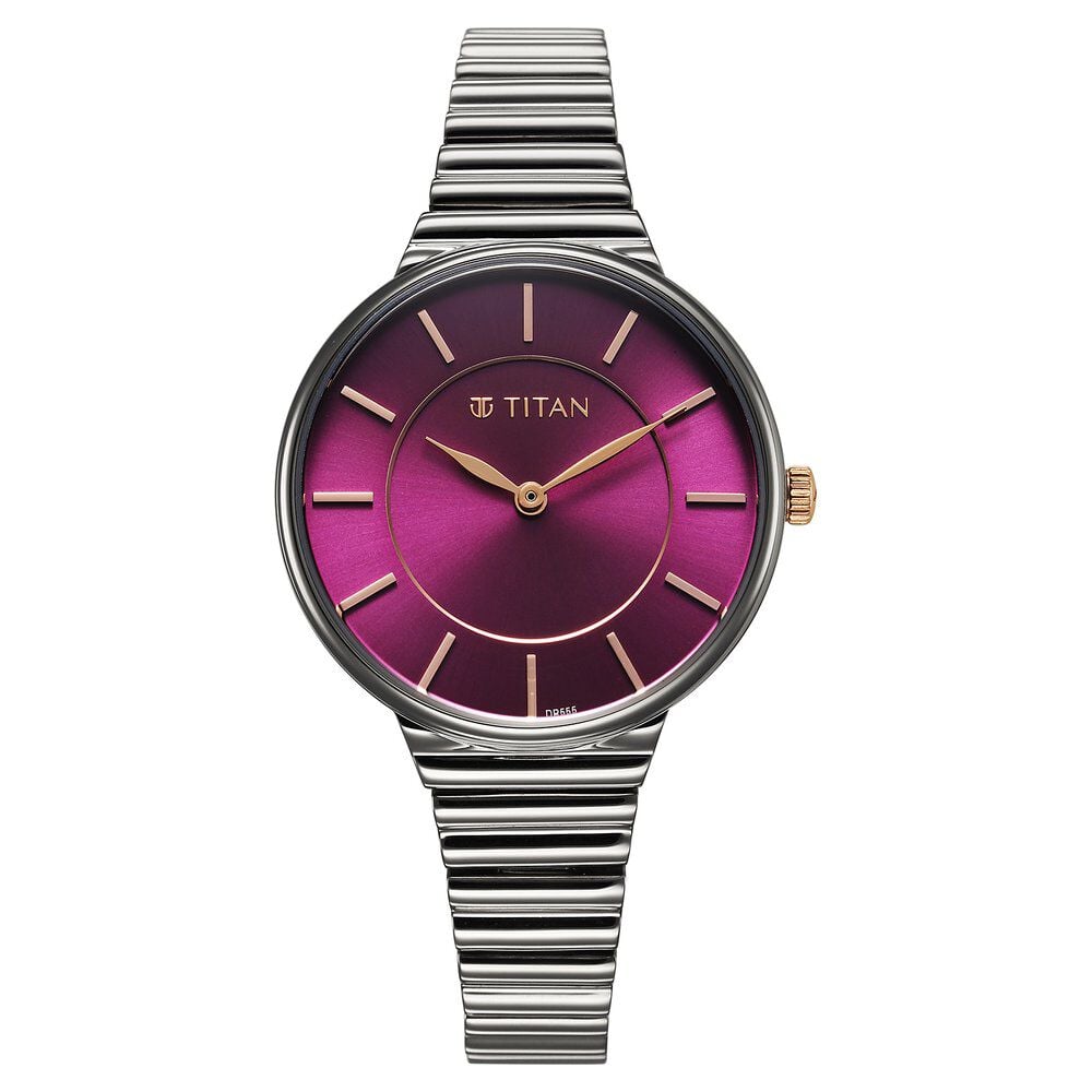 Buy Online Titan Aura Quartz Analog Purple Dial Stainless Steel Strap Watch for Women 95245km01 Titan