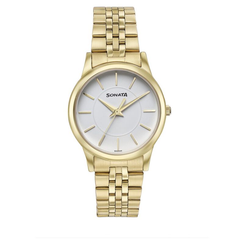 Sonata Glam Gold Quartz Analog White Dial Stainless Steel Strap Watch For Women