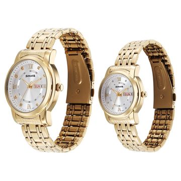 Sonata Perfect Pairs Quartz Analog Silver Dial Golden Metal Strap Watch For Couple