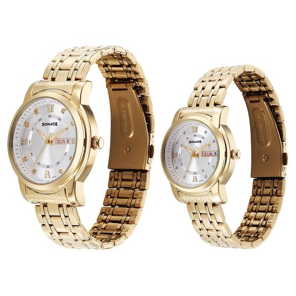 Sonata Perfect Pairs Quartz Analog Silver Dial Golden Metal Strap Watch For Couple - image number 1