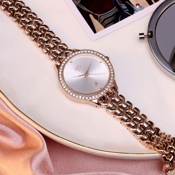 Vyb Spotlight By Fastrack Quartz Analog Silver Dial Rose Gold Metal Strap Watch For Girls