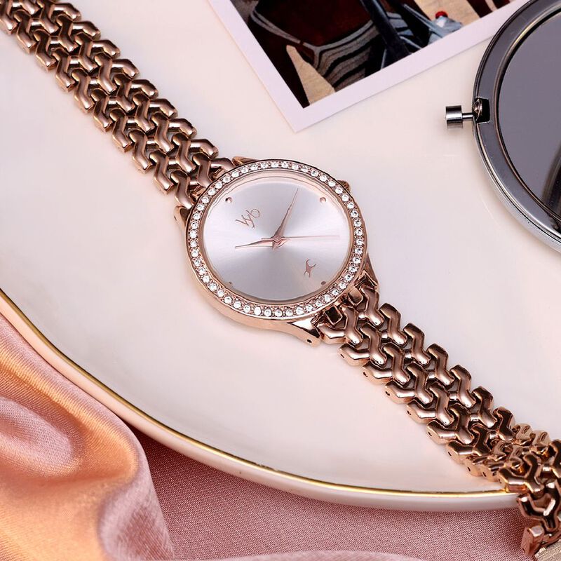 Vyb Spotlight By Fastrack Quartz Analog Silver Dial Rose Gold Metal Strap Watch For Girls