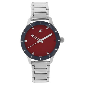 Fastrack Quartz Analog Red Dial Stainless Steel Strap Watch for Girls