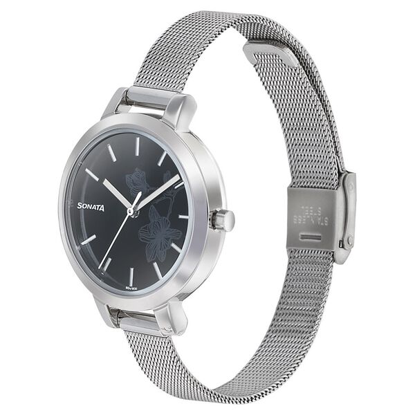 Sonata Silver Lining Black Dial Women Watch With Stainless Steel Strap - image number 1