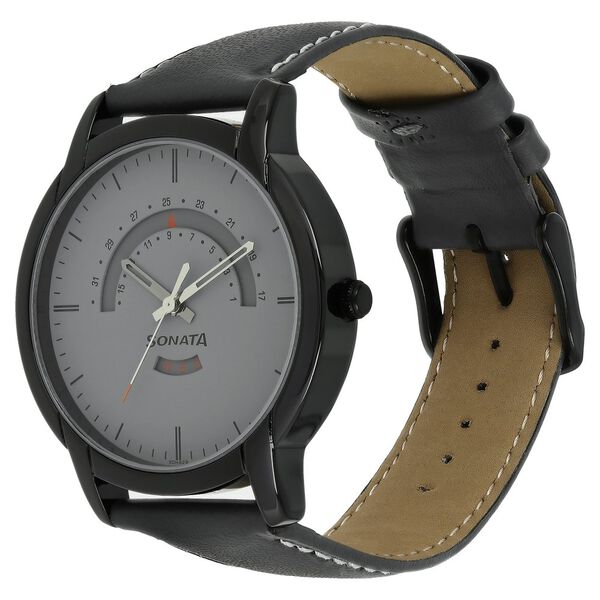 Sonata Quartz Analog with Day and Date Grey Dial Leather Strap Watch for Men - image number 2