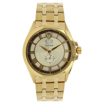 Titan Regal Crest Champagne Dial Analog with Date Stainless Steel Strap Watch for Men
