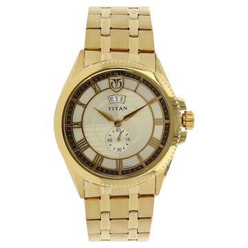 Titan Regal Crest Champagne Dial Analog with Date Stainless Steel Strap Watch for Men