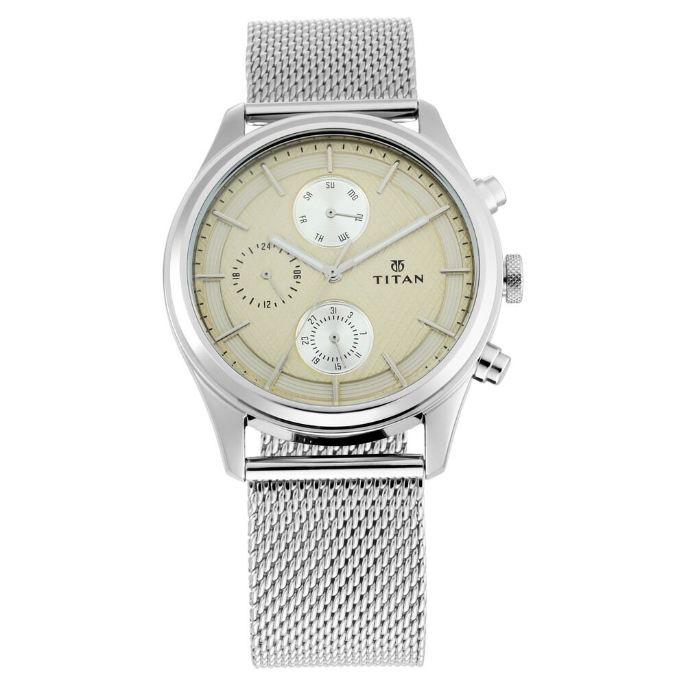 Buy Online Titan Workwear Champagne Dial Quartz Multifunction Metal Strap Watch for Men nn1805sm01 Titan
