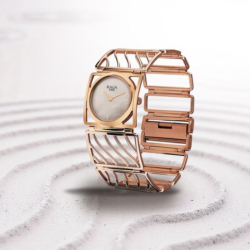 Titan Raga Ethereal Quartz Analog White Mother Of Pearl Dial Rose Gold Stainless Steel Strap Watch For Women
