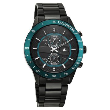 Fastrack Overdrive Quartz Chronograph Tachymeter Black Dial Black Stainless Steel Strap Watch For Guys