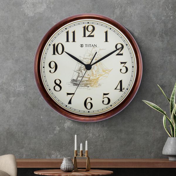 Titan Decorative Dark Brown Wood Finish Clock with Ship Design on Dial and Silent Sweep - 39.8 cm x 39.8 cm (Large) - image number 0