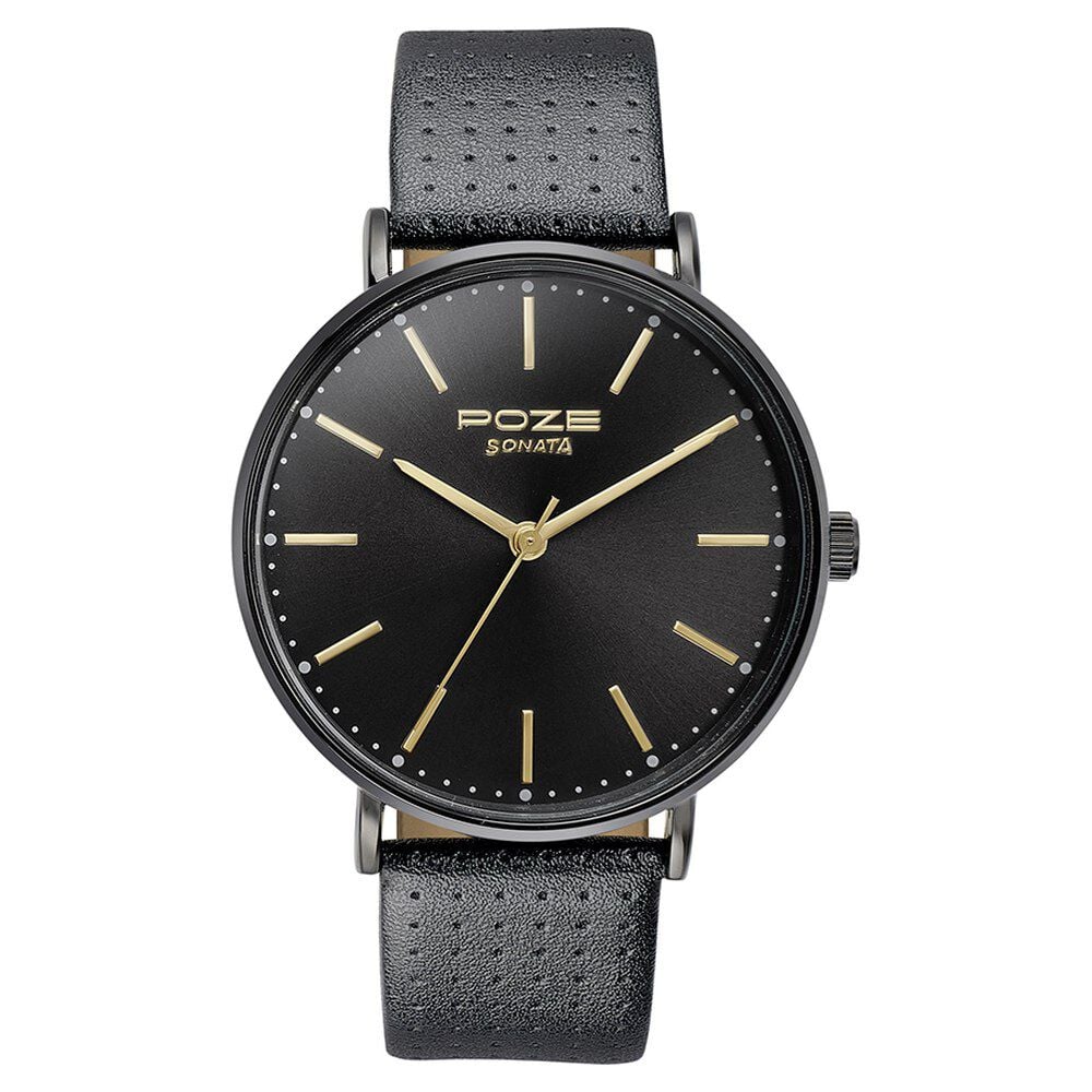 Buy Online Sonata Poze Quartz Analog Black Dial Leather Strap Watch for Men sp70025nl01w Titan