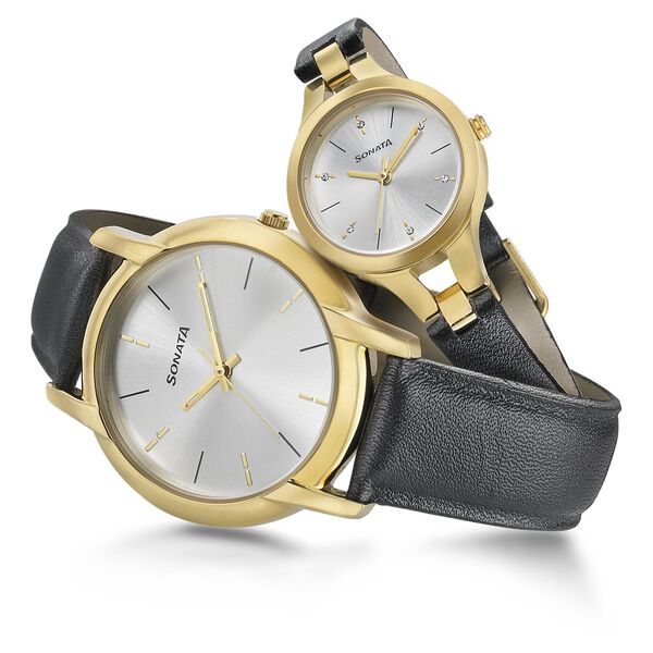 Sonata Quartz Analog Silver Dial Leather Strap Watch for Couple - image number 3
