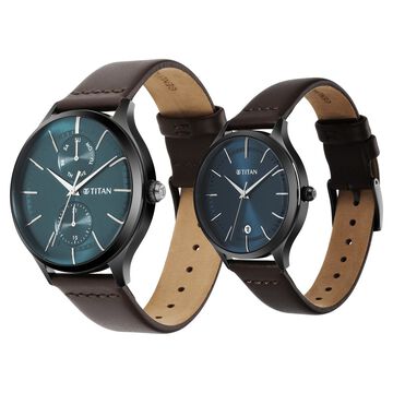 Titan Bandhan Green Dial Analog with Date Leather Strap watch for Couple