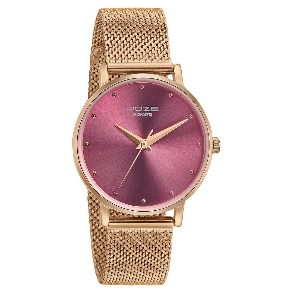 Buy Online Sonata Poze Quartz Analog Pink Dial Metal Strap Watch for Women sp80017wm03 p Titan