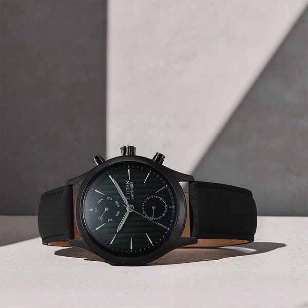 Titan Sapphire Multifunction Quartz Analog with Day and Date Green Dial Leather Strap Watch for Men - image number 0