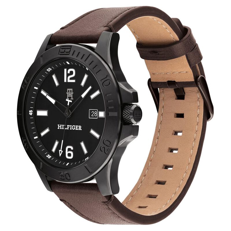 Tommy Hilfiger Black Dial Brown Colour Leather Strap Watch for Men - image number 1