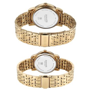 Sonata Perfect Pairs Quartz Analog Silver Dial Golden Metal Strap Watch For Couple