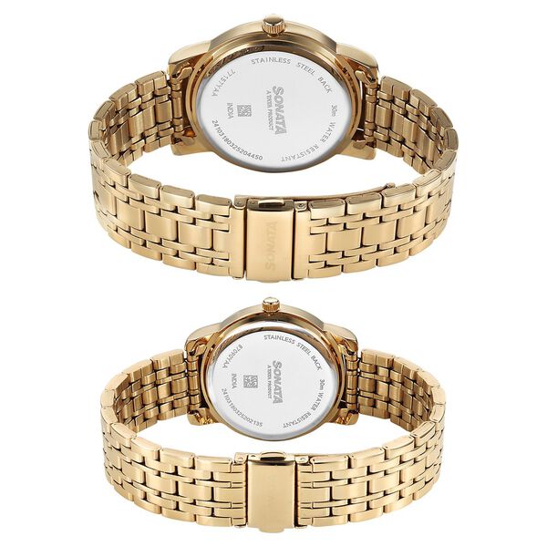 Sonata Perfect Pairs Quartz Analog Silver Dial Golden Metal Strap Watch For Couple - image number 3