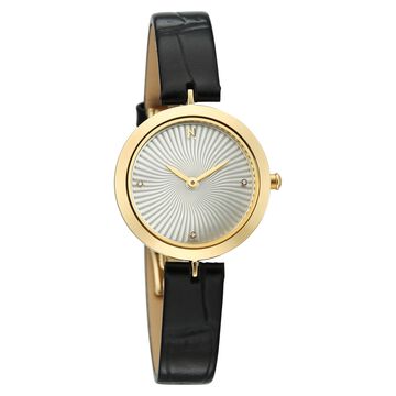 Titan Nebula Lotus 18 KT Gold Quartz Analog Mother Of Pearl Dial Black Leather Strap Watch For Women