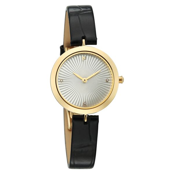 Titan Nebula Lotus 18 KT Gold Quartz Analog Mother Of Pearl Dial Black Leather Strap Watch For Women - image number 1