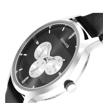 Sonata Force Quartz Multifunction Black Dial Leather Strap Watch for Men