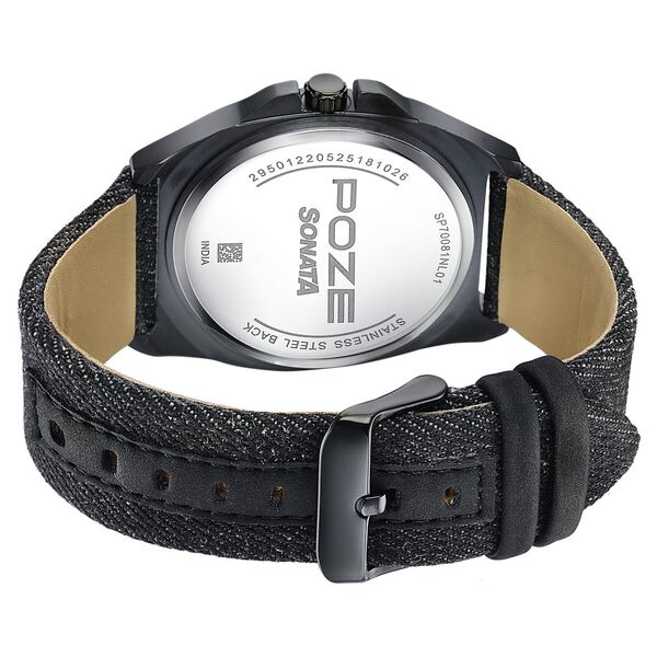 Sonata Poze Quartz Analog Black Dial Black Denim Leather Strap Watch For Men - image number 6