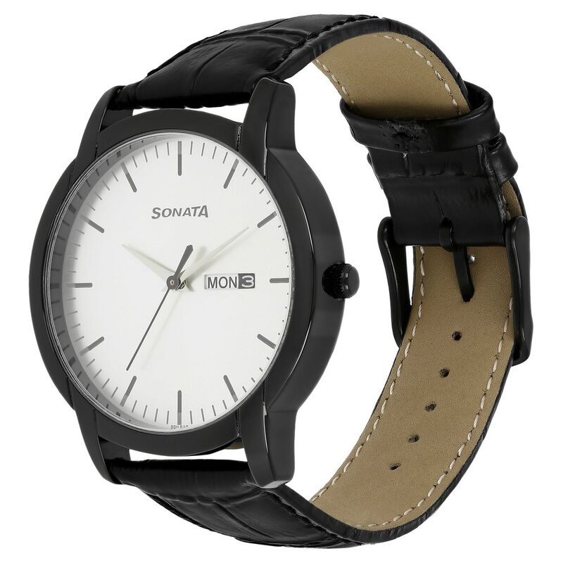 Sonata Quartz Analog with Day and Date Silver Dial Leather Strap Watch for Men - image number 2