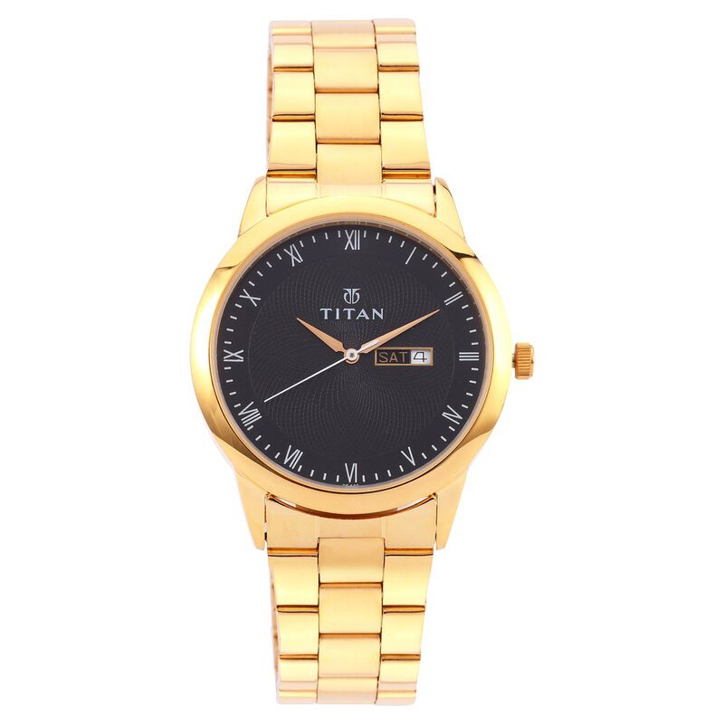 Titan Quartz Analog with Day and Date Black Dial Stainless Steel Strap Watch for Men