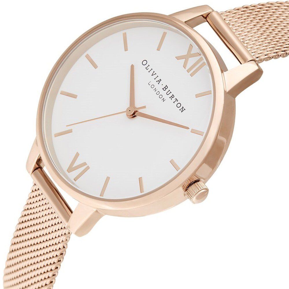 Olivia burton white dial rose gold mesh watch discount