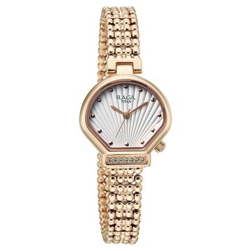 Titan Raga Spotlight Quartz Analog White Dial Rose Gold Metal Strap Watch For Women