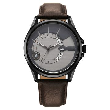 Fastrack Groove Quartz Analog with Date Two Toned Dial Brown Leather Strap Watch For Guys