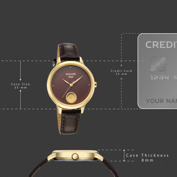 Sonata Gold Quartz Analog Regal Maroon With Gold Coin Dial Brown Leather Strap Watch For Women - image number 3