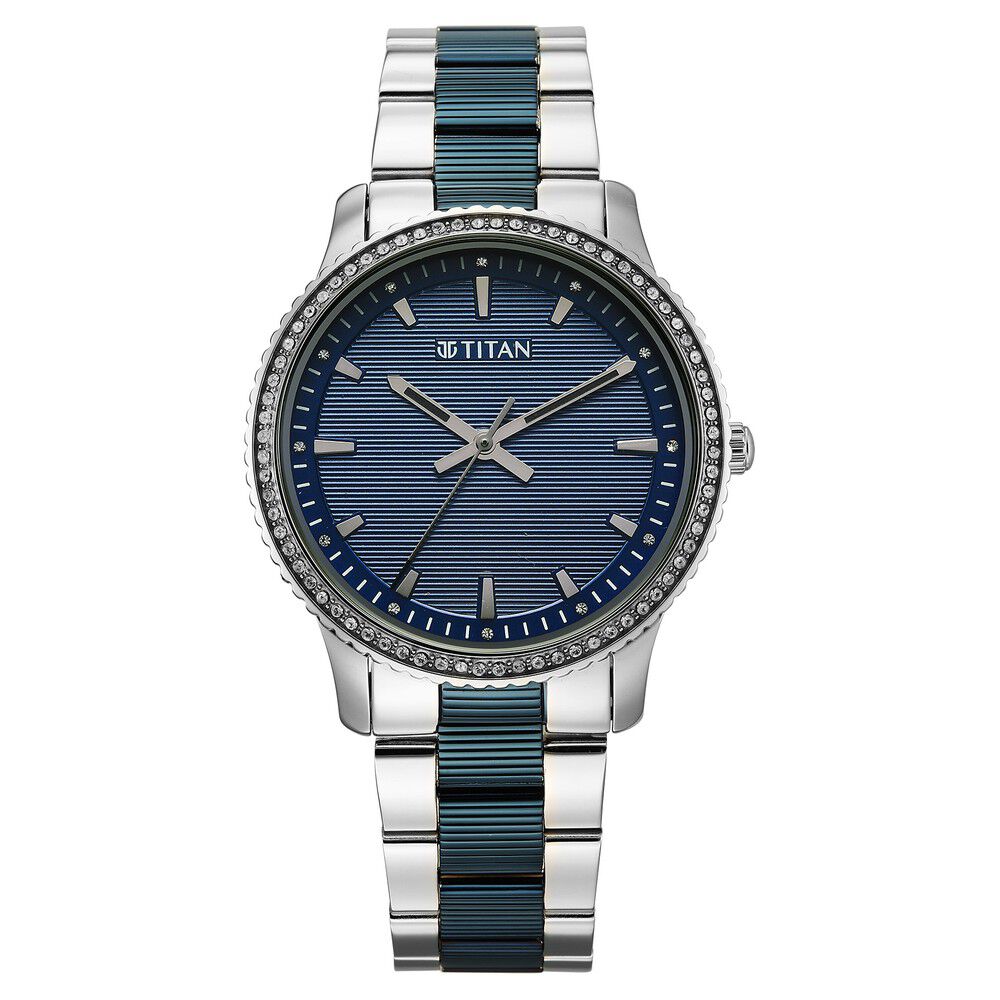 Titan Purple Sports Fashion Quartz Analog Blue Dial Two Toned Stainless Steel Strap Watch For Women-picture-14