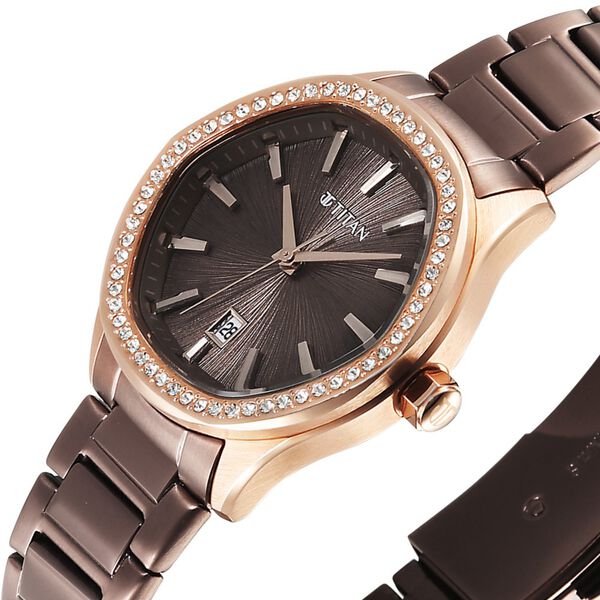 Titan Glamour Quartz Analog with Date Brown Dial Brown Stainless Steel Strap Watch For Women - image number 3