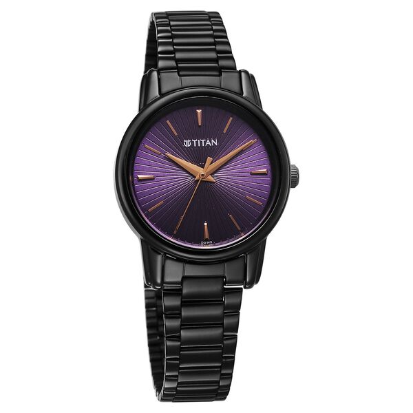 Titan Karishma Quartz Analog Purple Dial Black Stainless Steel Strap Watch For Women - image number 2