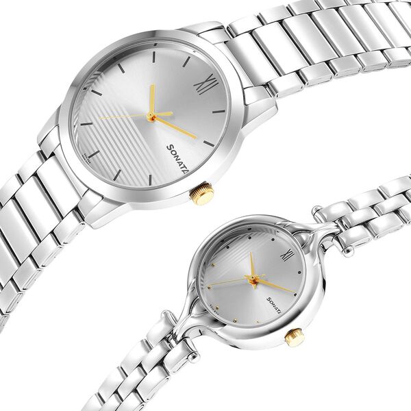 Sonata Quartz Analog Silver Dial Stainless Steel Strap Watch for Couple - image number 2