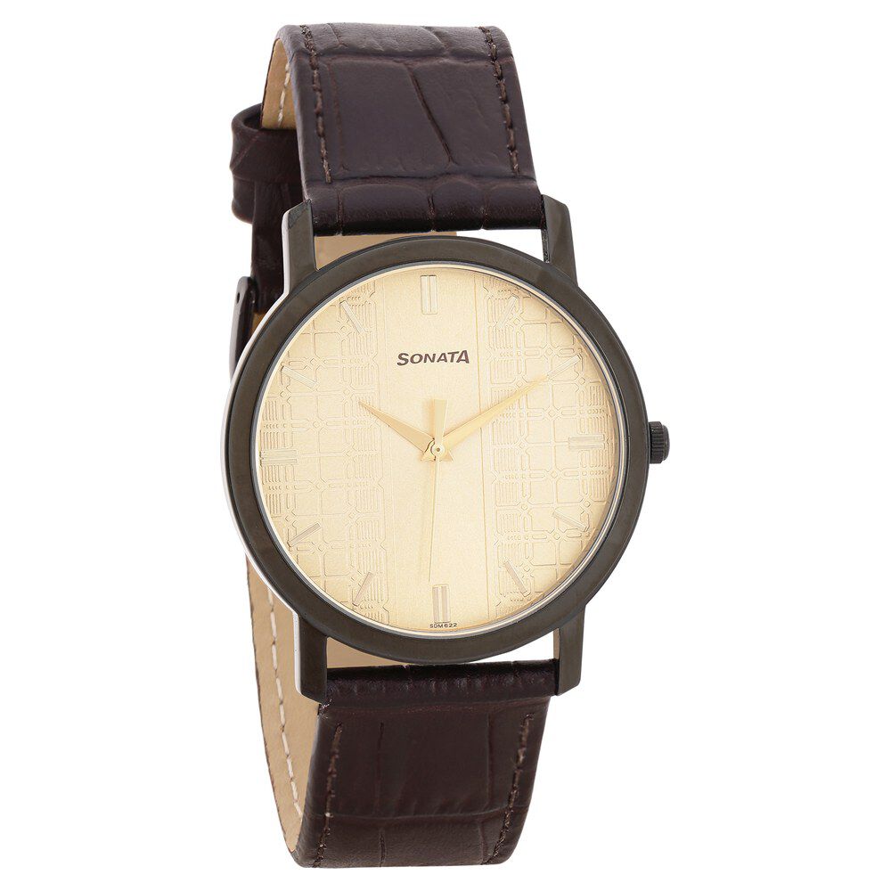Buy Online Sonata Quartz Analog Golden Dial Leather Strap Watch for Men nr99701nl01 Titan