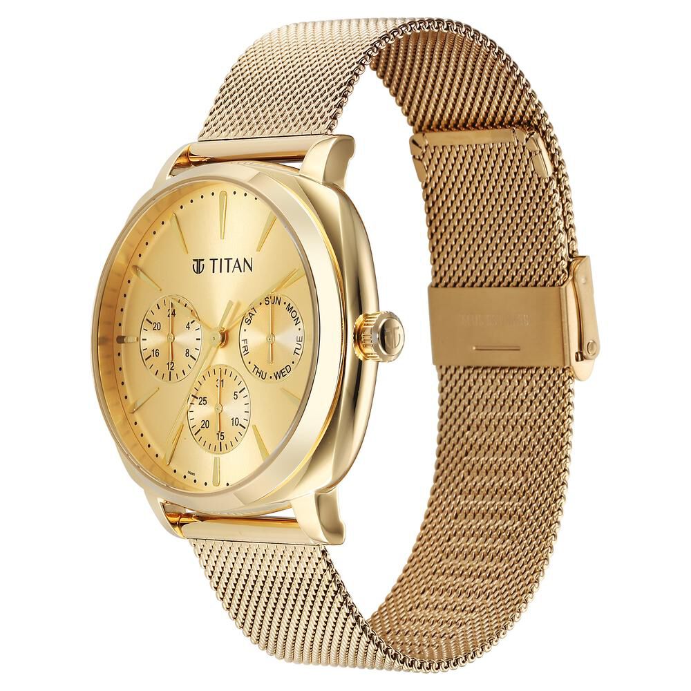 Buy Online Titan Classique Suave Quartz Yellow Dial Golden Stainless Steel Mesh Strap Watch for Men 90189ym02 Titan