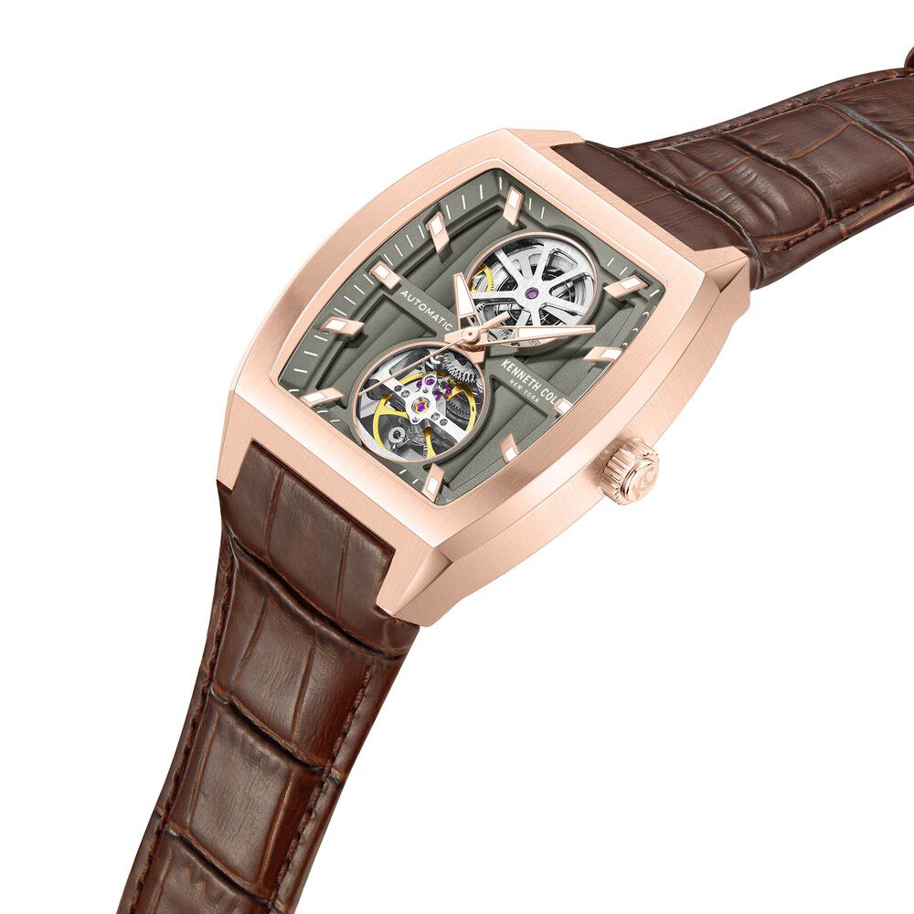 Buy Online Kenneth Cole Automatic Brown Leather Strap Watch For