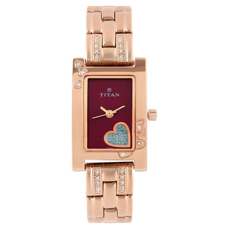 Titan Quartz Analog Red Dial Metal Strap Watch for Women