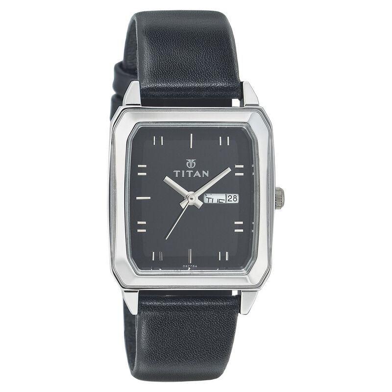 Titan Quartz Analog with Day and Date Black Dial Leather Strap Watch for Men