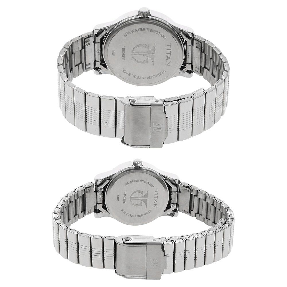 Buy Online Titan Quartz Analog with Day and Date Silver Dial Stainless Steel Strap Watch for Couple ns15802490sm03p Titan