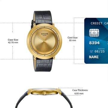 Sonata Sleek Champagne Dial Gold-Tone Leather Strap Watch