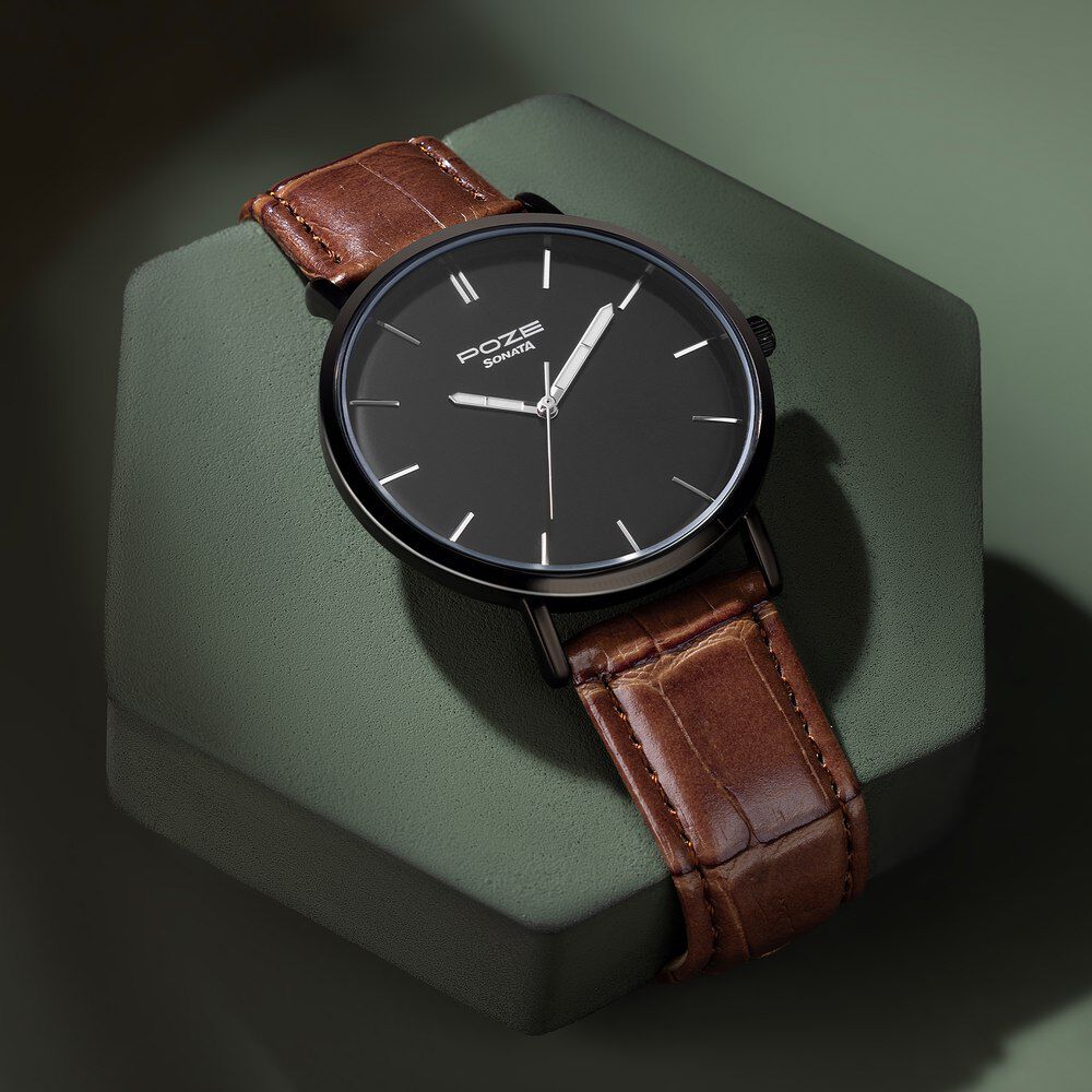 Buy Online Sonata Poze Quartz Analog Black Dial Leather Strap Watch for Men sp70021nl01w Titan