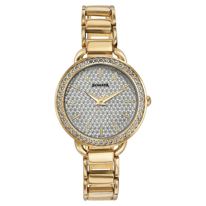 Sonata Wedding Bling Quartz Analog Silver Dial Rose Gold Metal Strap Watch for Women