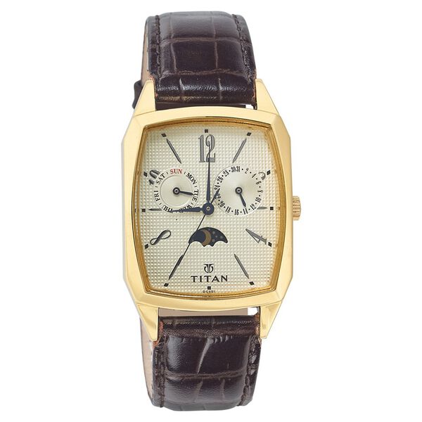 Titan Quartz Multifunction Champagne Dial Leather Strap Watch for Men - image number 0