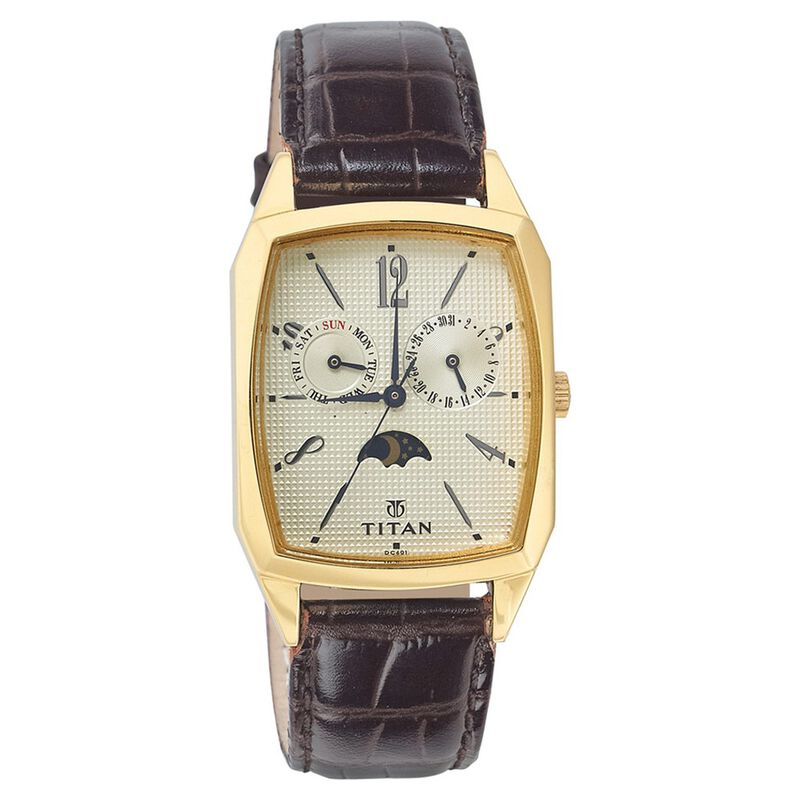 Titan Quartz Multifunction Champagne Dial Leather Strap Watch for Men - image number 0