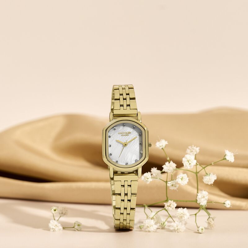 Poze By Sonata Quartz Analog White Mother of Pearl Dial Golden Stainless Steel Strap Watch For Women